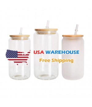 USA Warehouse stocked 16oz 25oz Clear Frosted Sublimation Blanks Glass Mason Jar Beer Can Glass Cup With Bamboo Lid And Straw