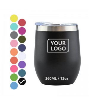 Custom Powder Coated Black 12oz Egg Shape Double Wall Thermal cup Stainless Steel Stemless Wine Glass Tumbler